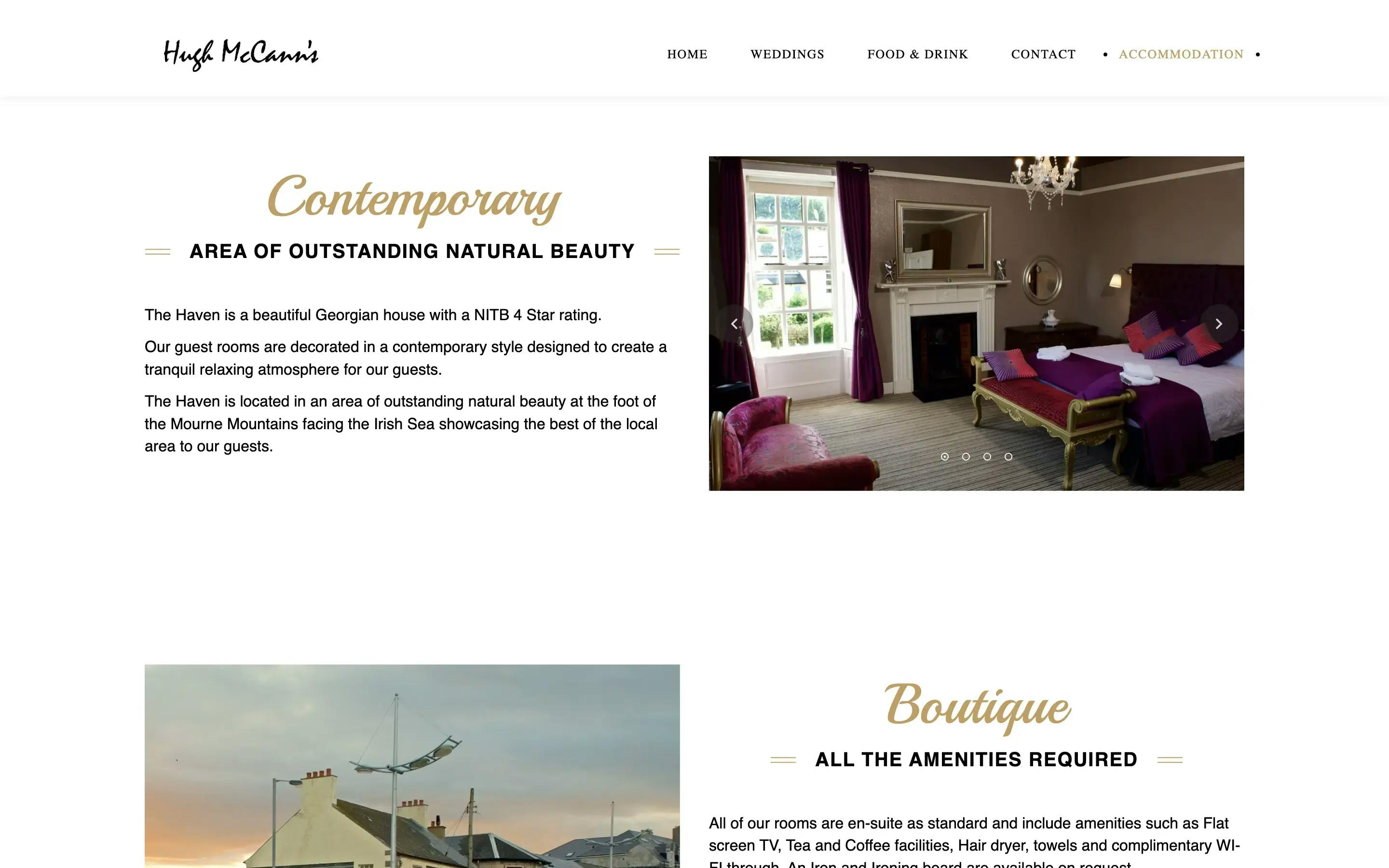 Hugh McCann's accommodation page web design on desktop
