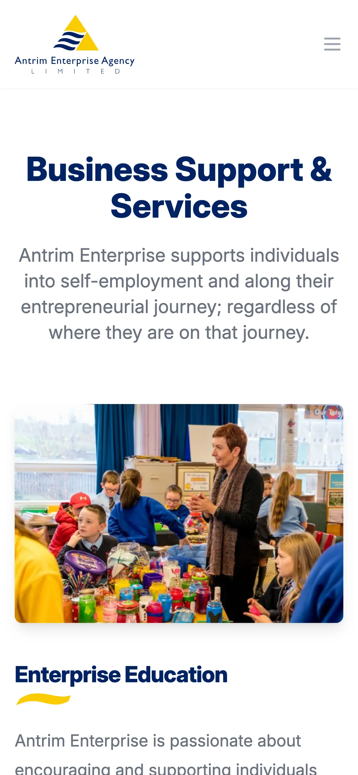 Antrim Enterprise Agency business support page web design on Mobile