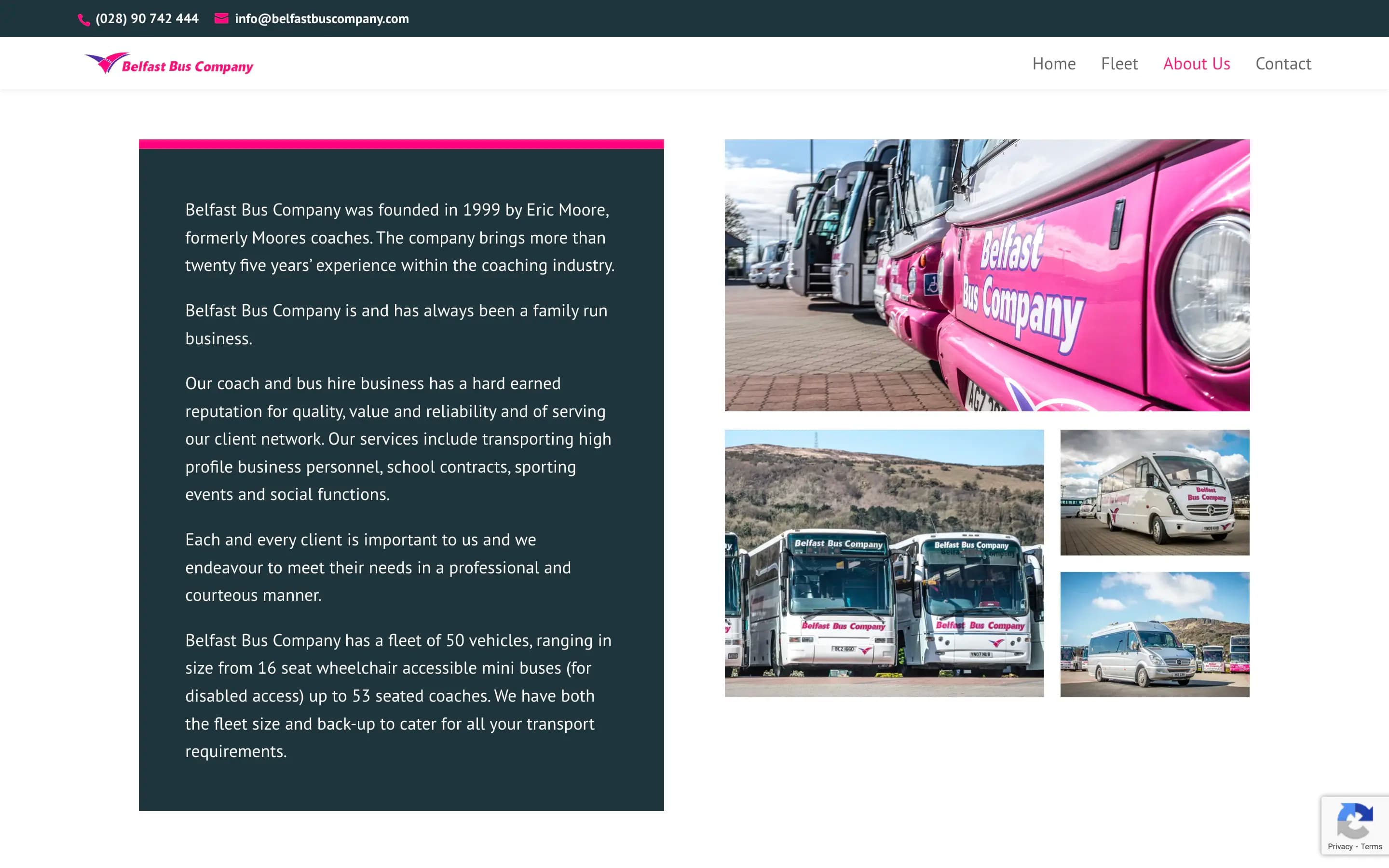 Belfast Bus Company about page web design on desktop