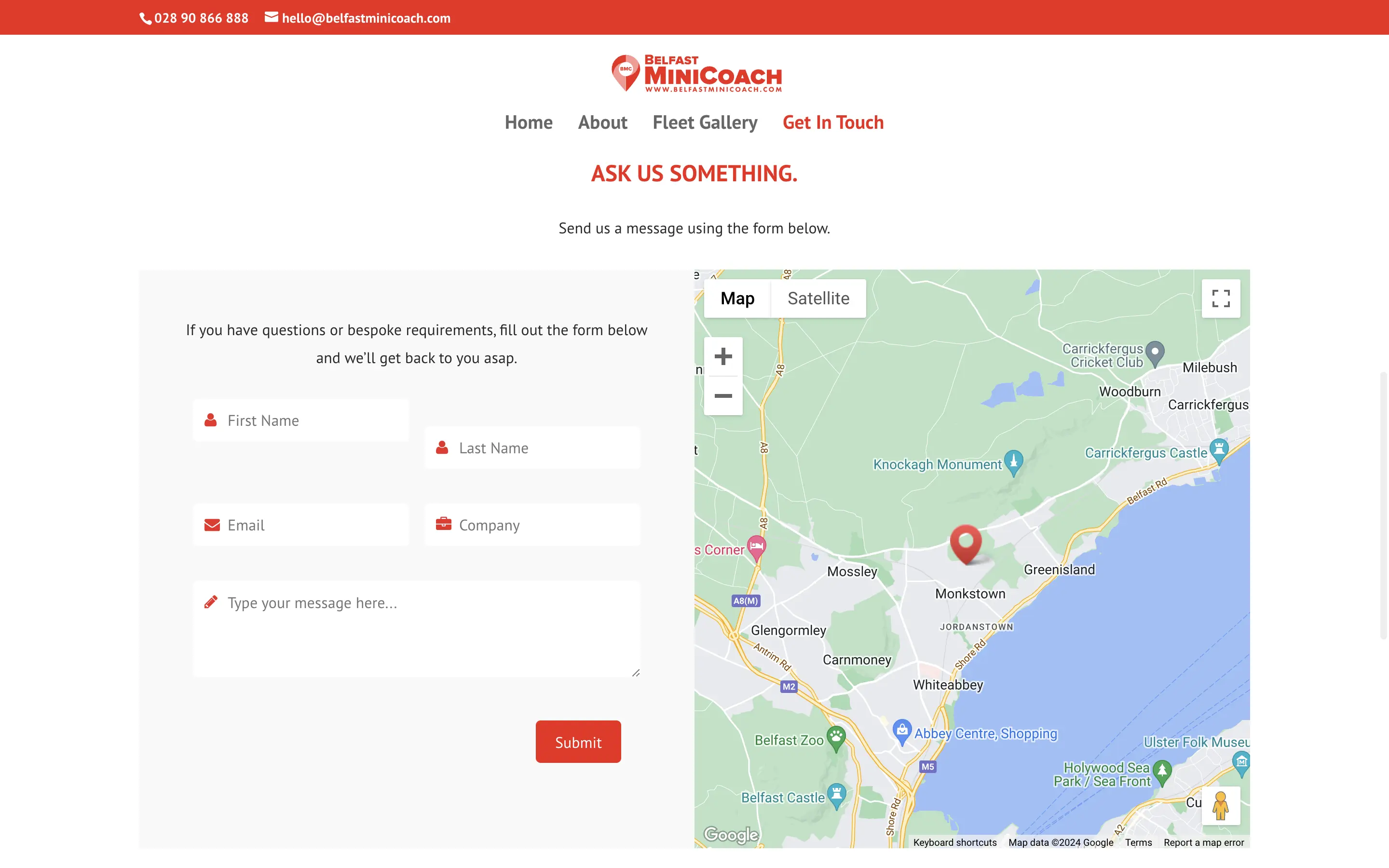 Belfast Mini Coach contact page on desktop