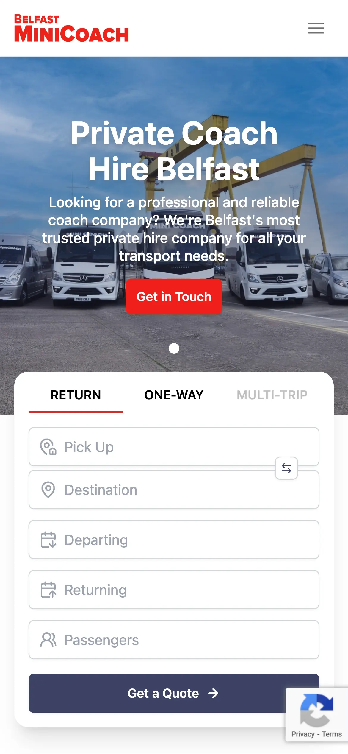 Belfast Mini Coach home page on mobile