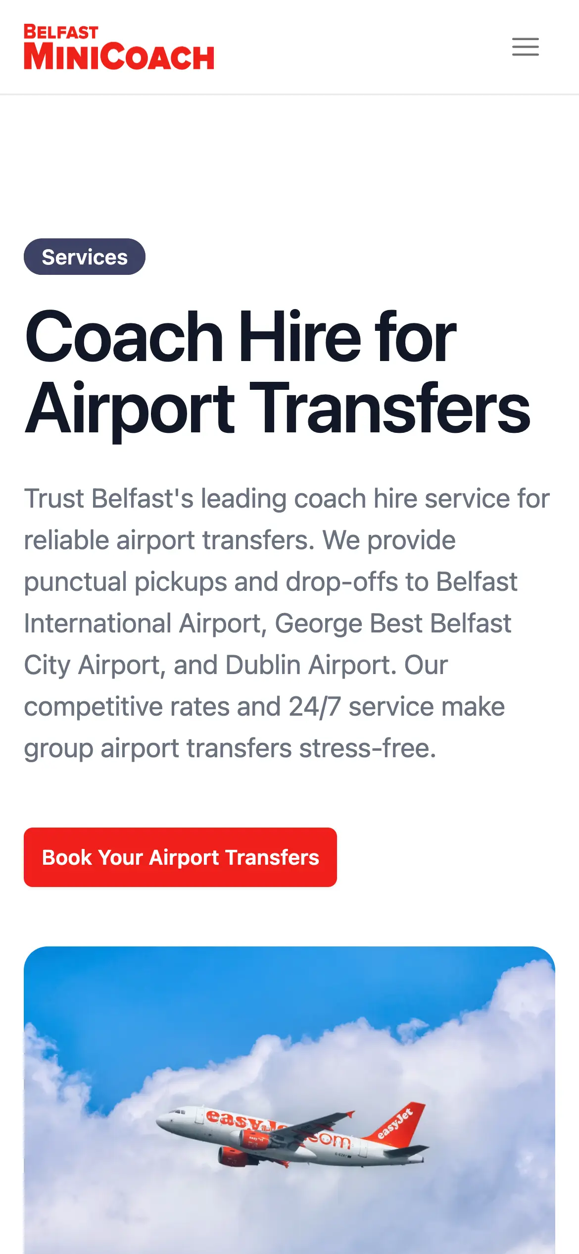 Belfast Mini Coach services page on mobile