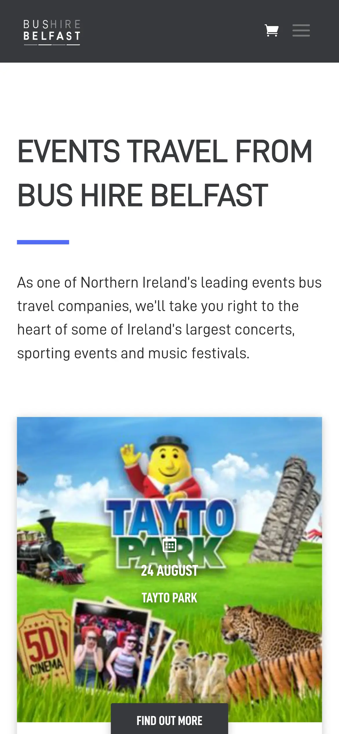 Bus Hire Belfast events page website design on mobile