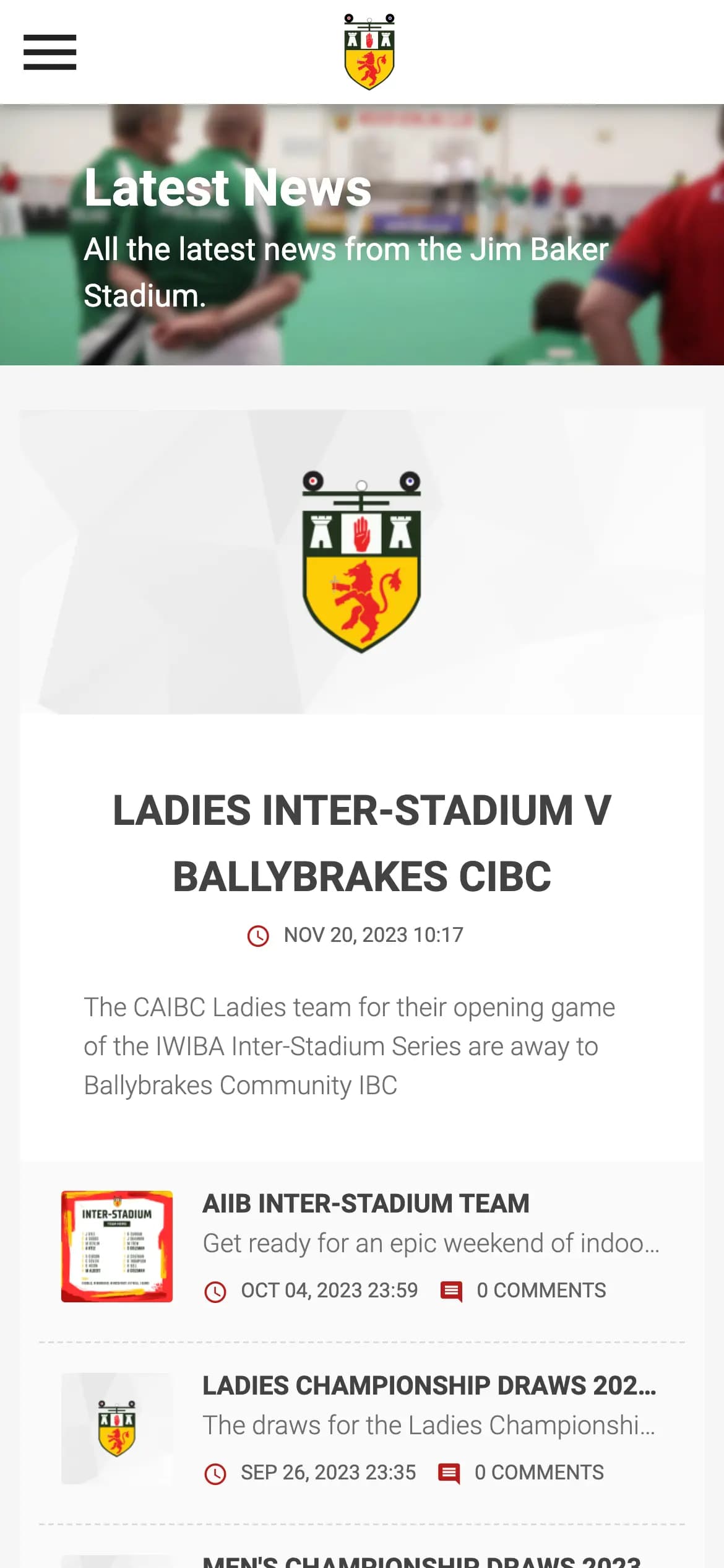 Jim Baker Stadium news page web design on mobile
