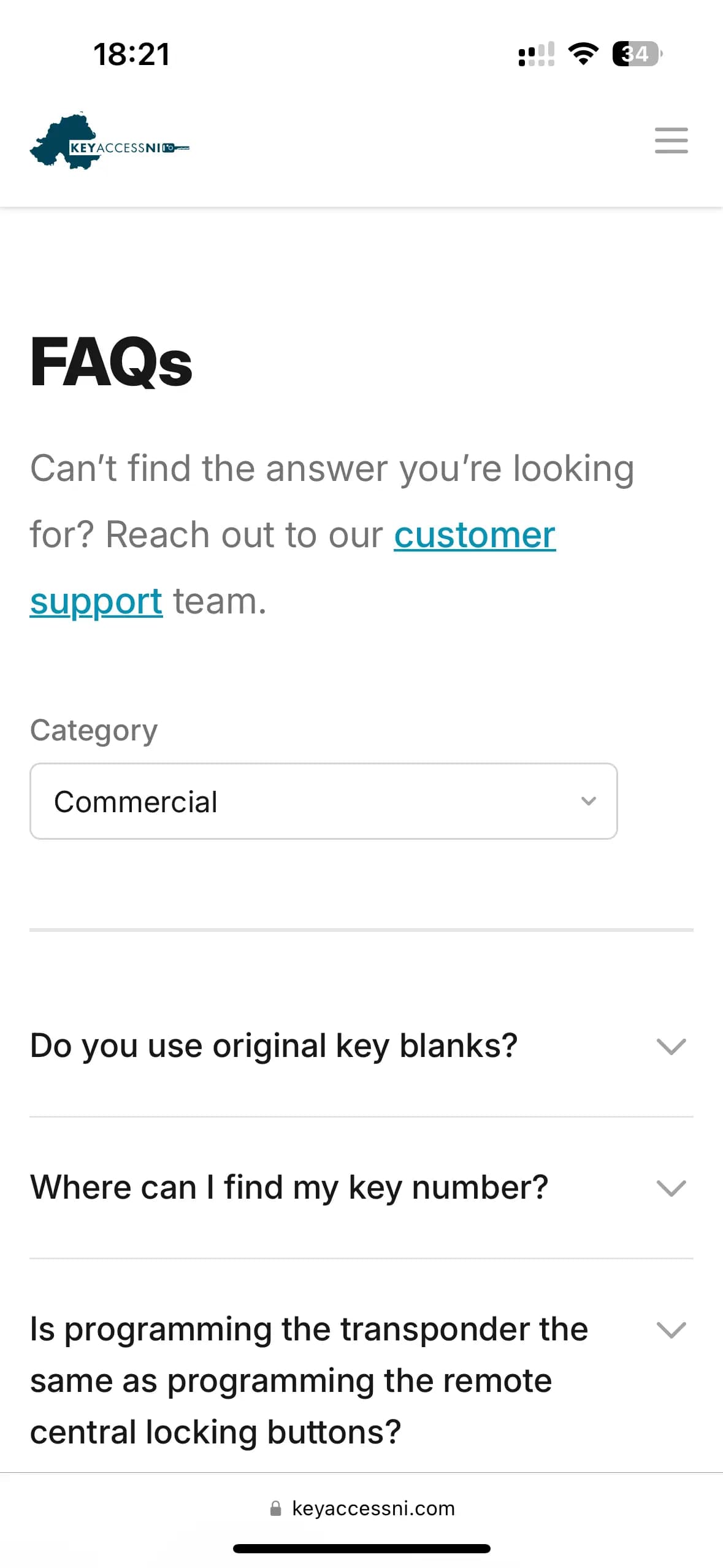 Key Access NI FAQs Page on Mobile