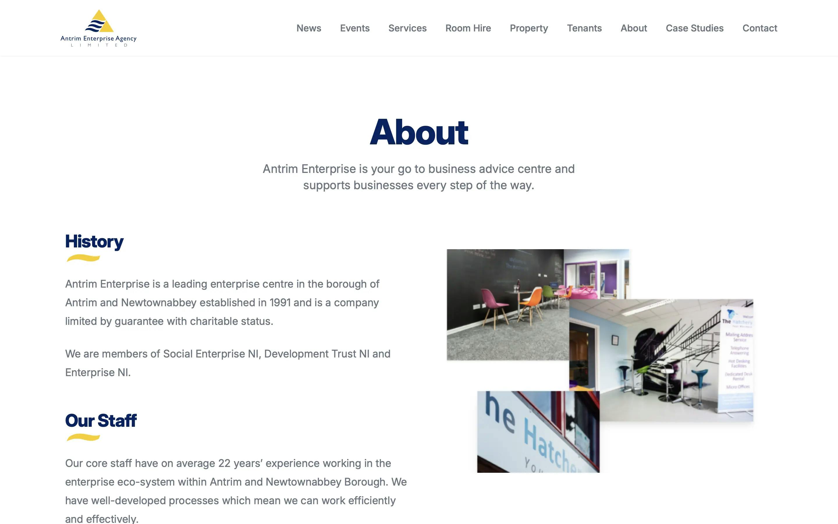 Antrim Enterprise Agency about page web design on desktop