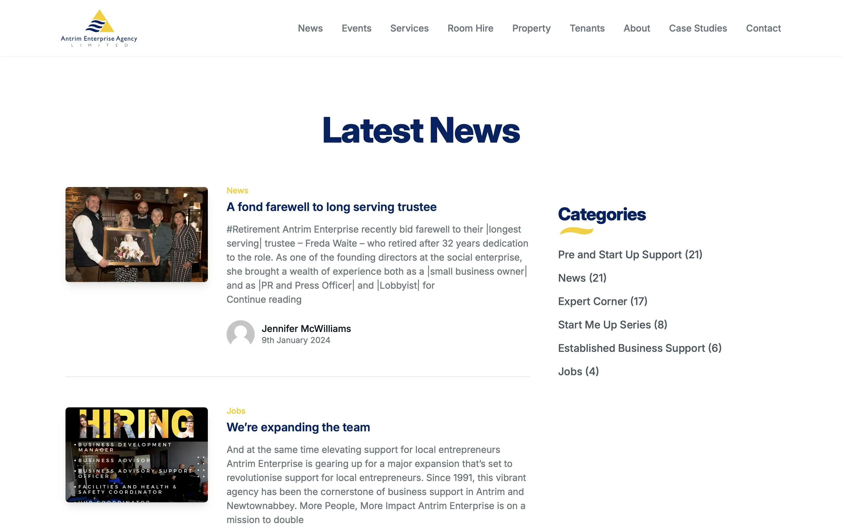 Antrim Enterprise Agency news page web design on desktop