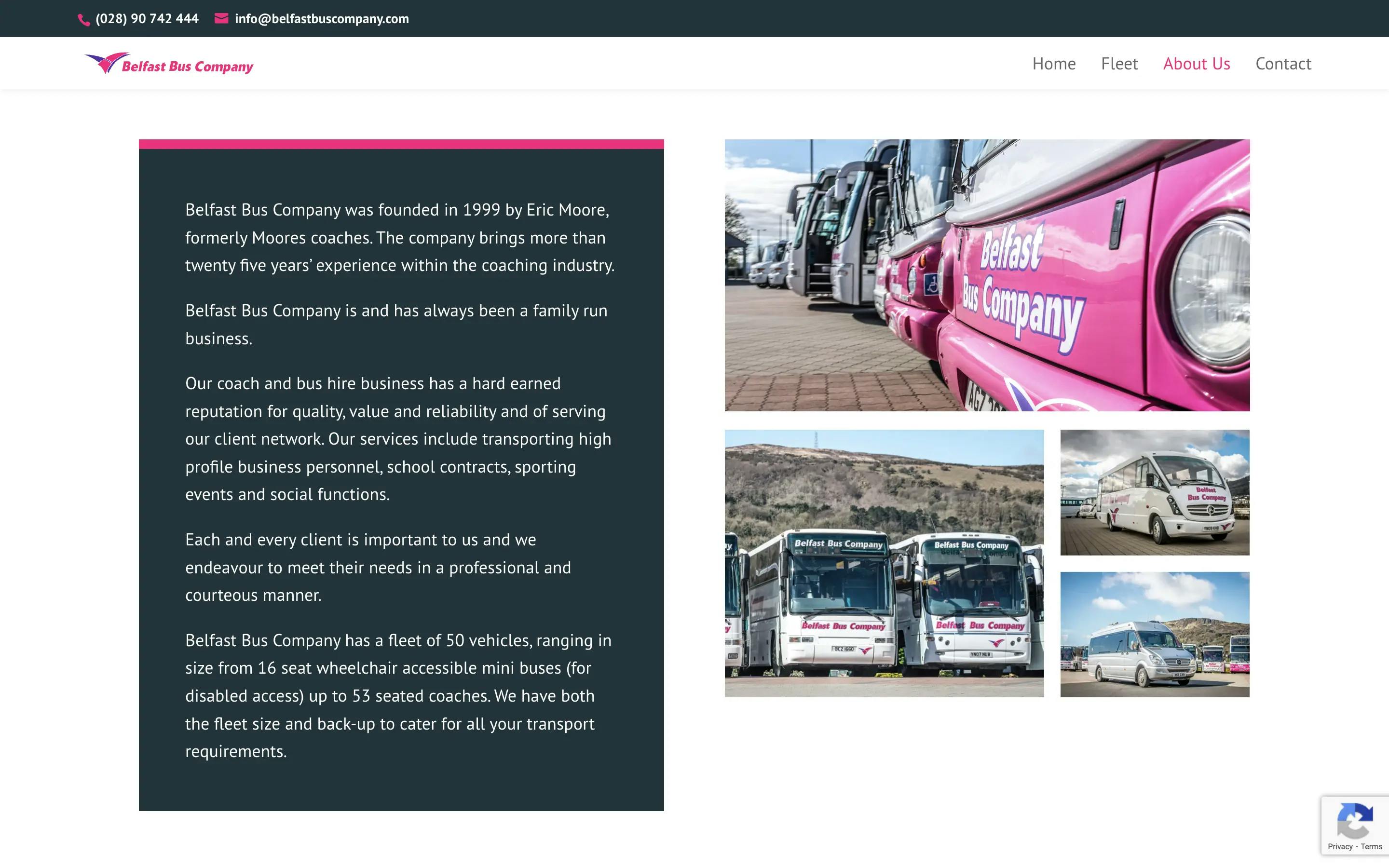 Belfast Bus Company about page web design on desktop