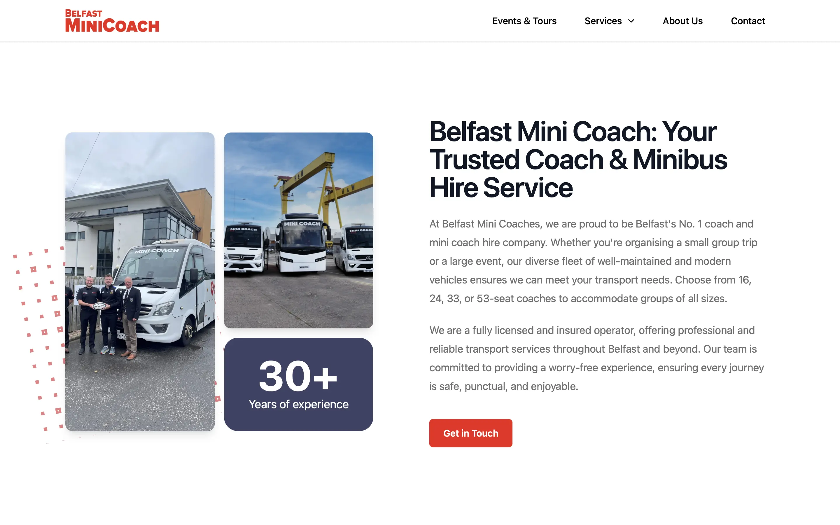 Belfast Mini Coach about page on desktop