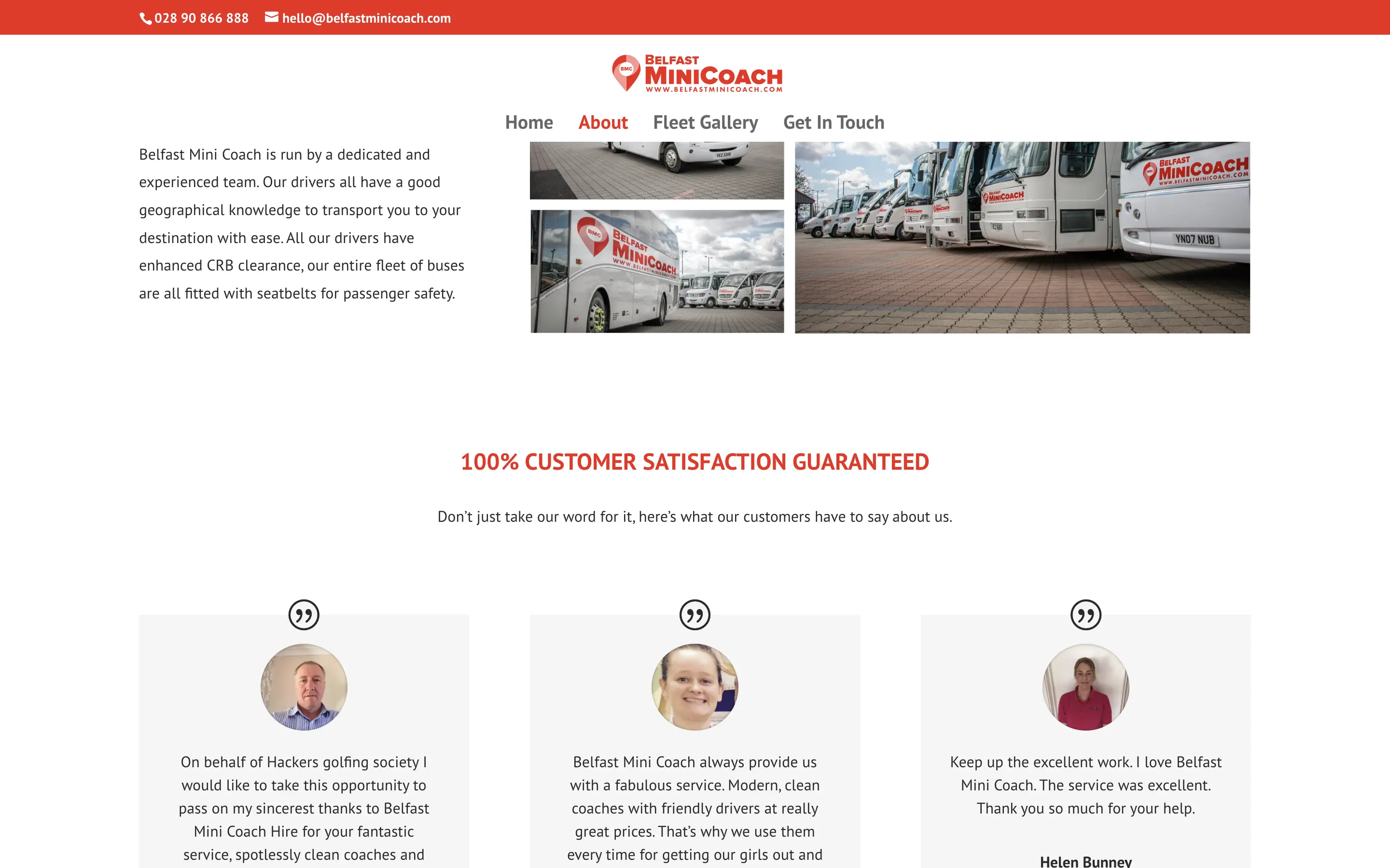 Belfast Mini Coach about page on desktop