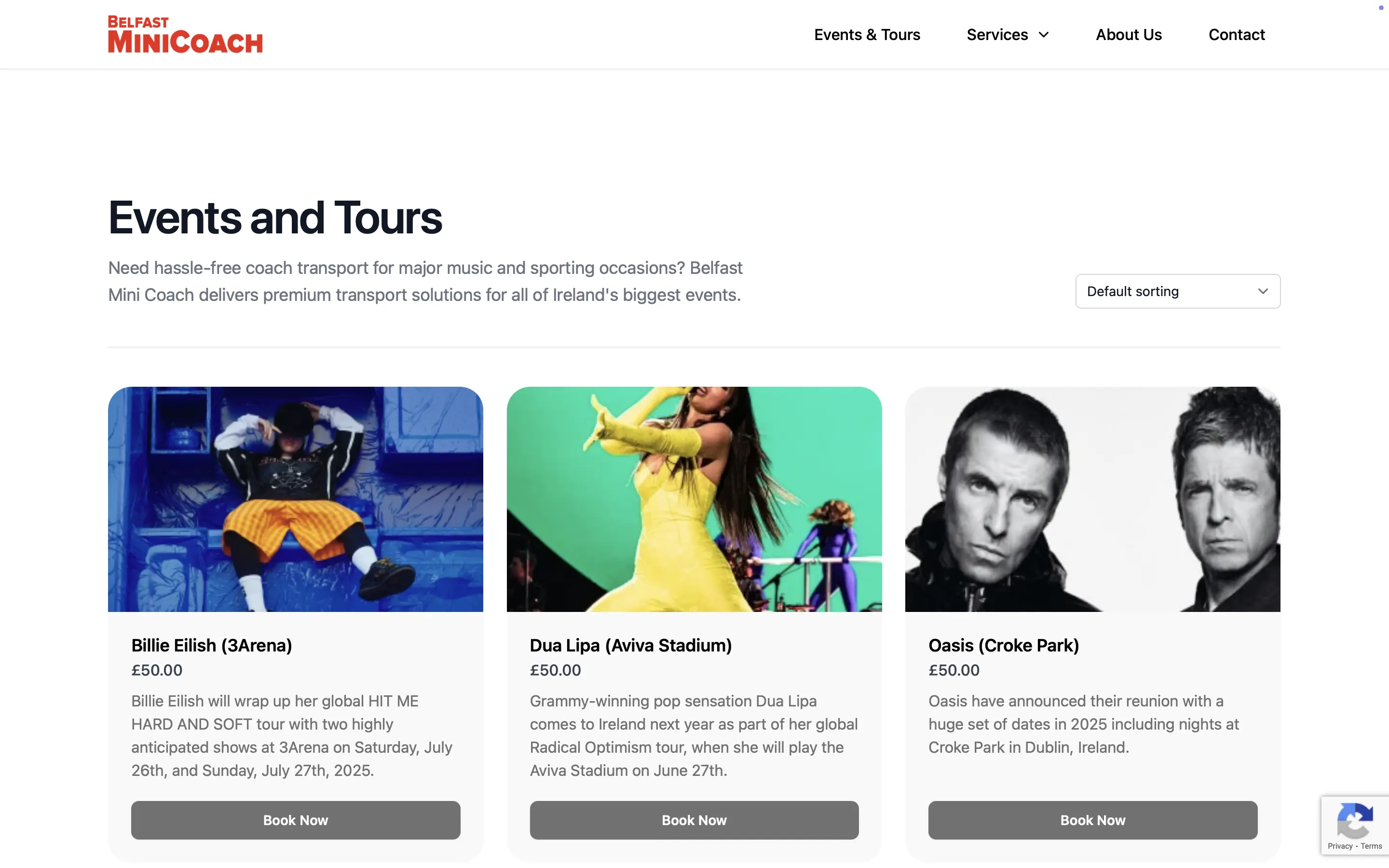 Belfast Mini Coach events page on desktop