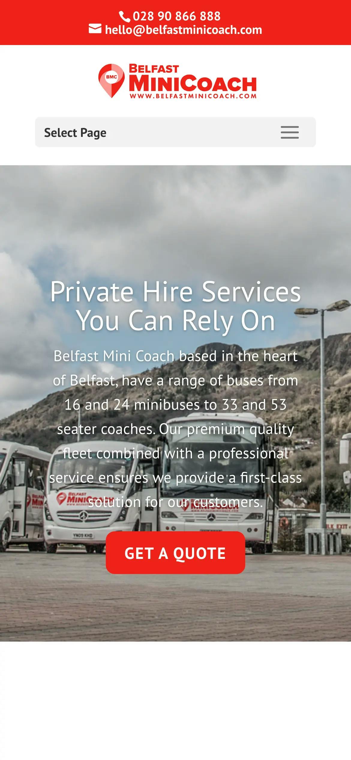 Belfast Mini Coach home page on mobile
