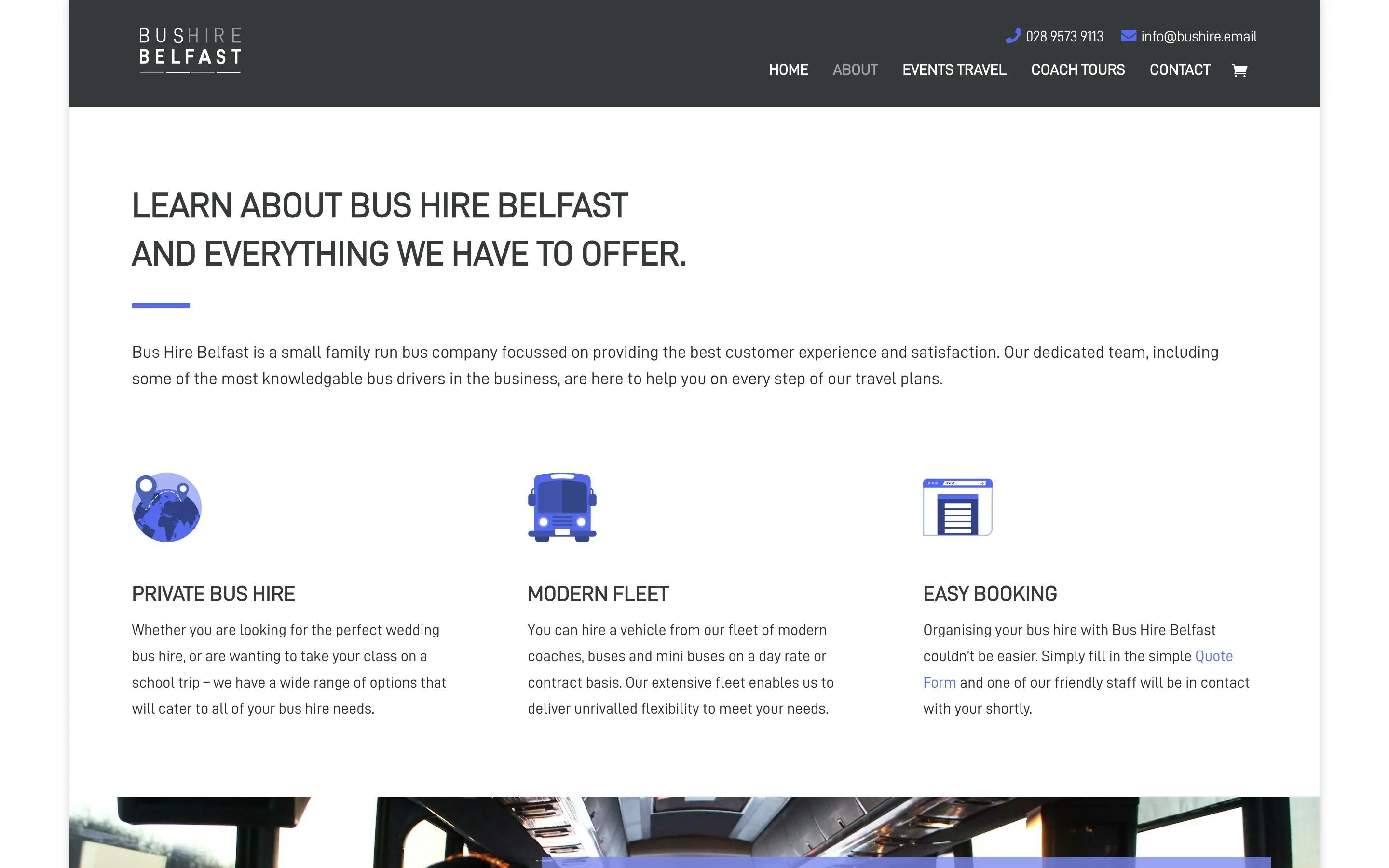 Bus Hire Belfast about page website design on desktop