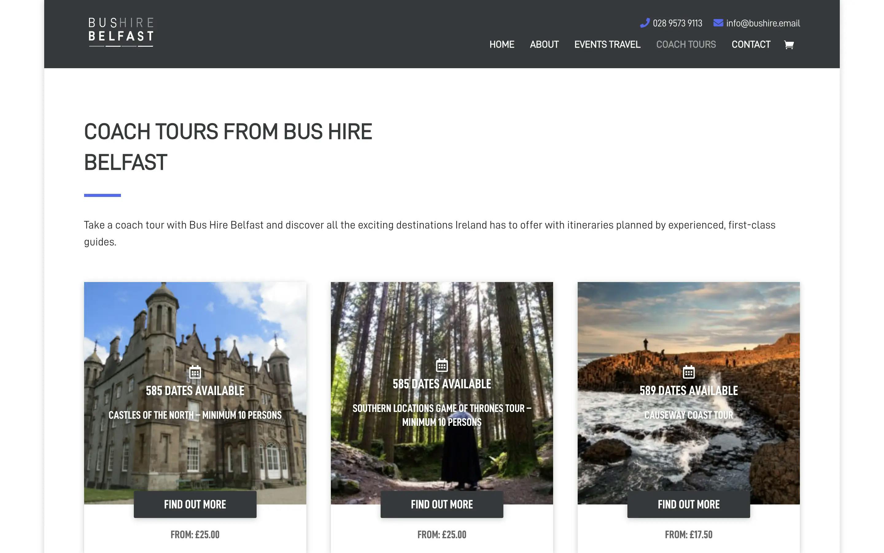 Bus Hire Belfast tours page website design on desktop