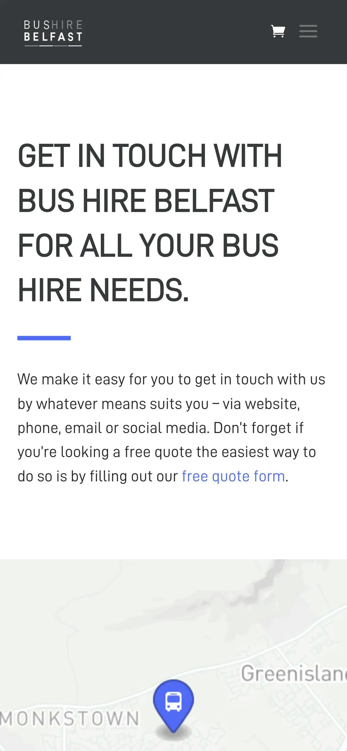 Bus Hire Belfast contact page website design on mobile