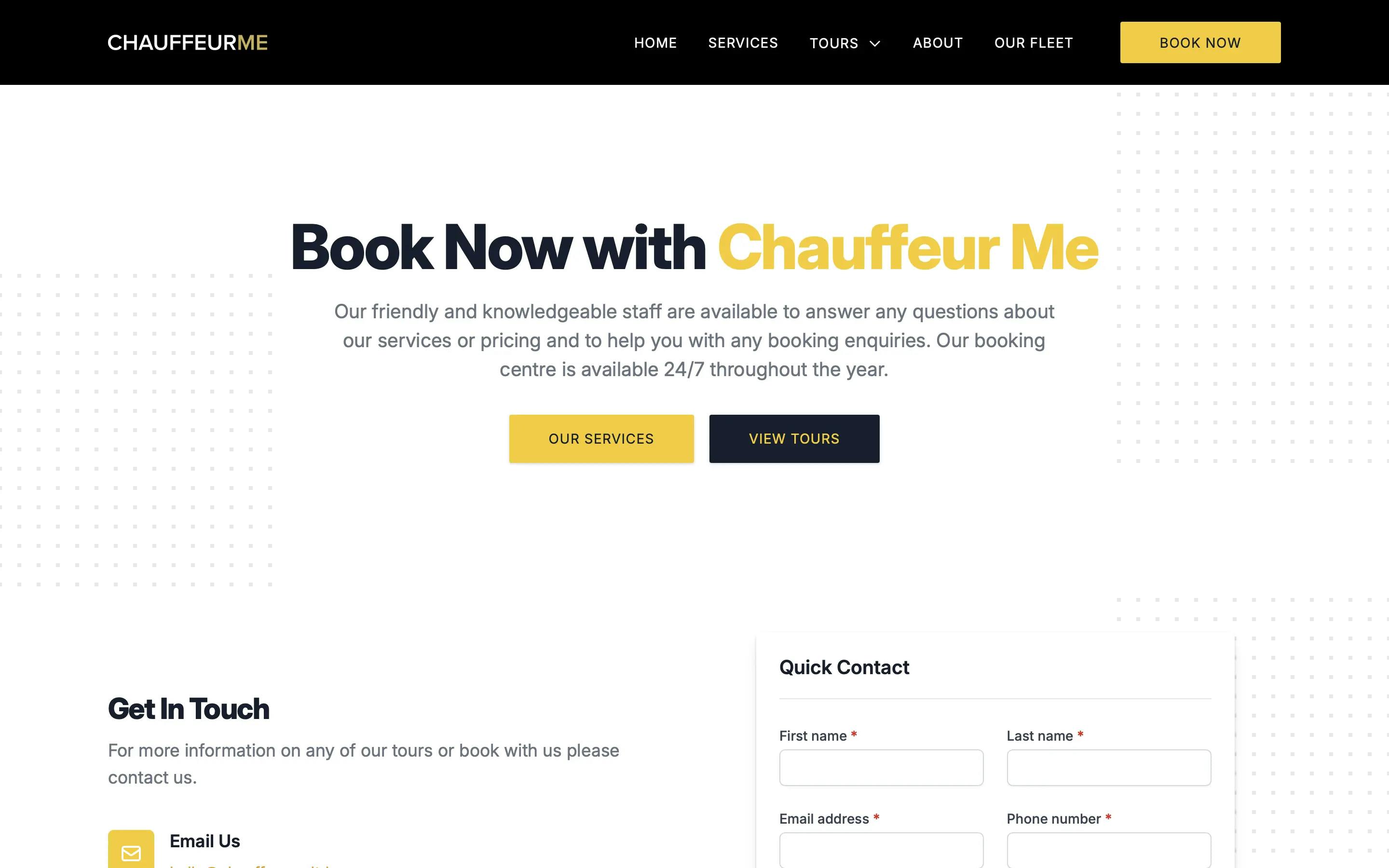 Chauffeur Me contact page on desktop
