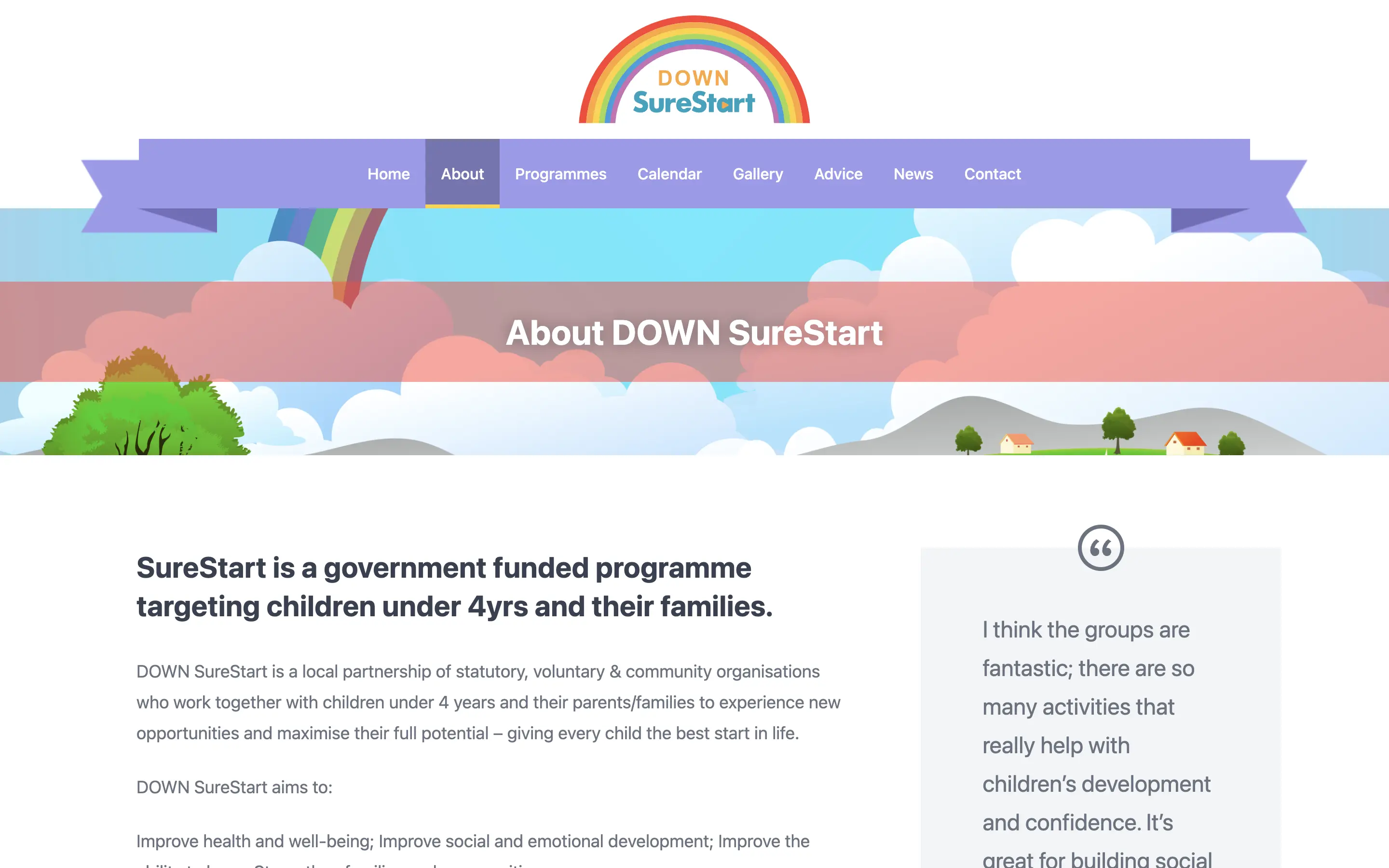 DOWN SureStart about page web design on desktop