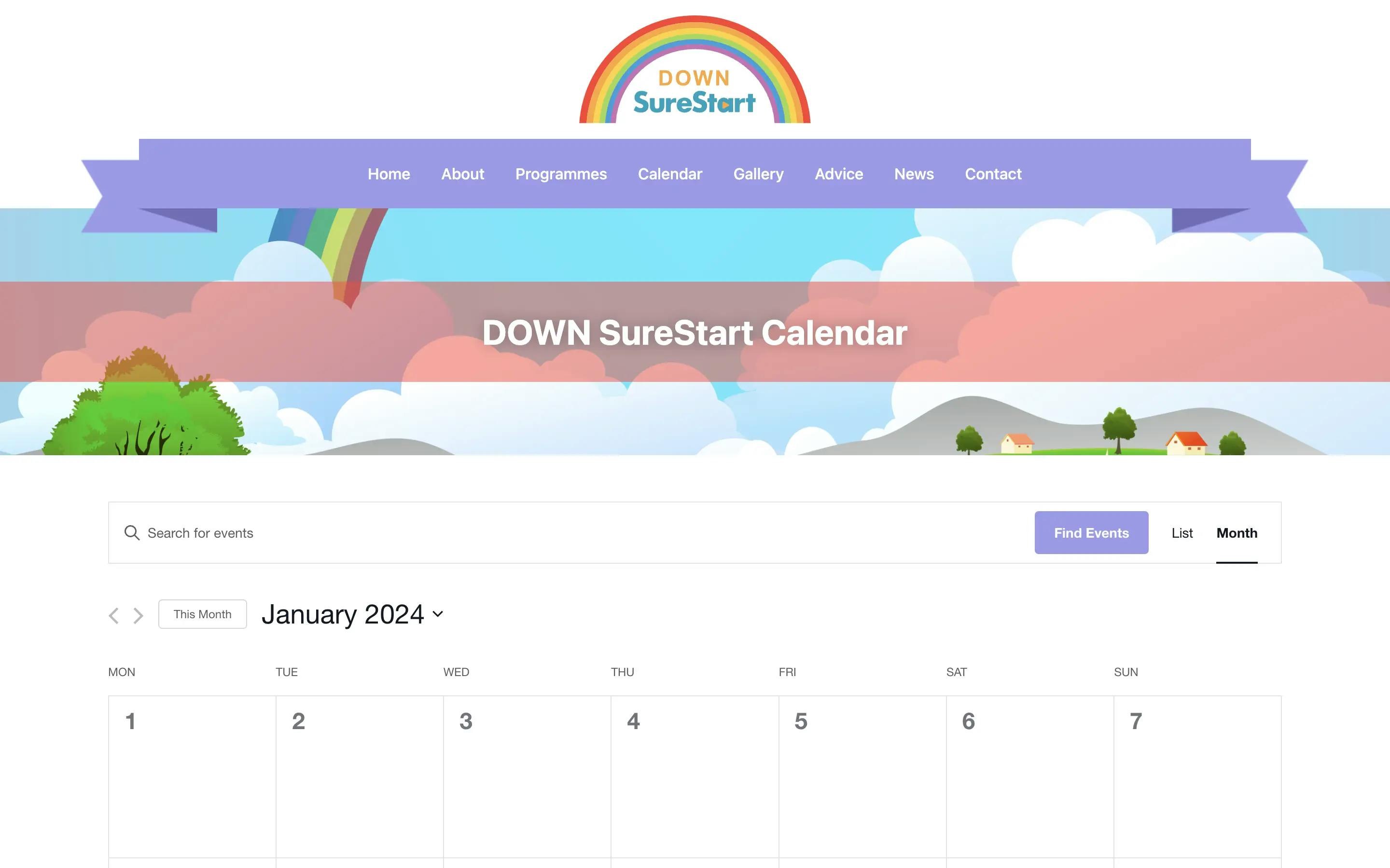 DOWN SureStart calendar page web design on desktop