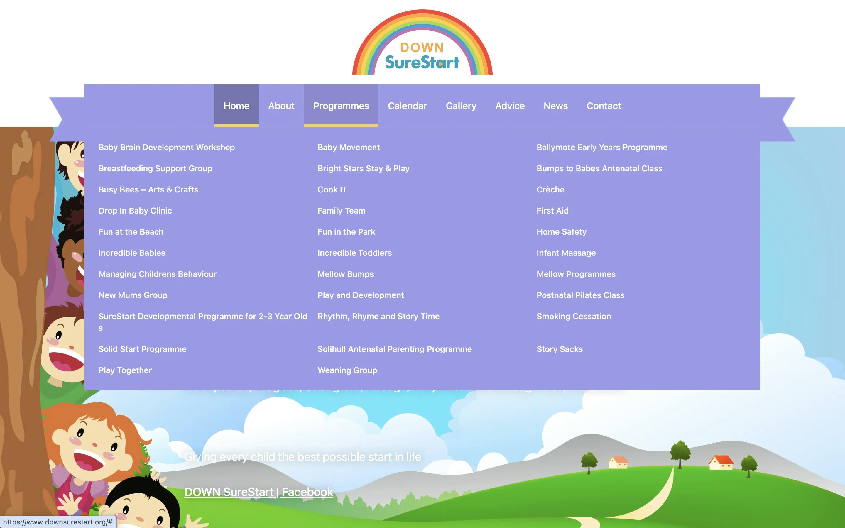 DOWN SureStart mega menu web design on desktop