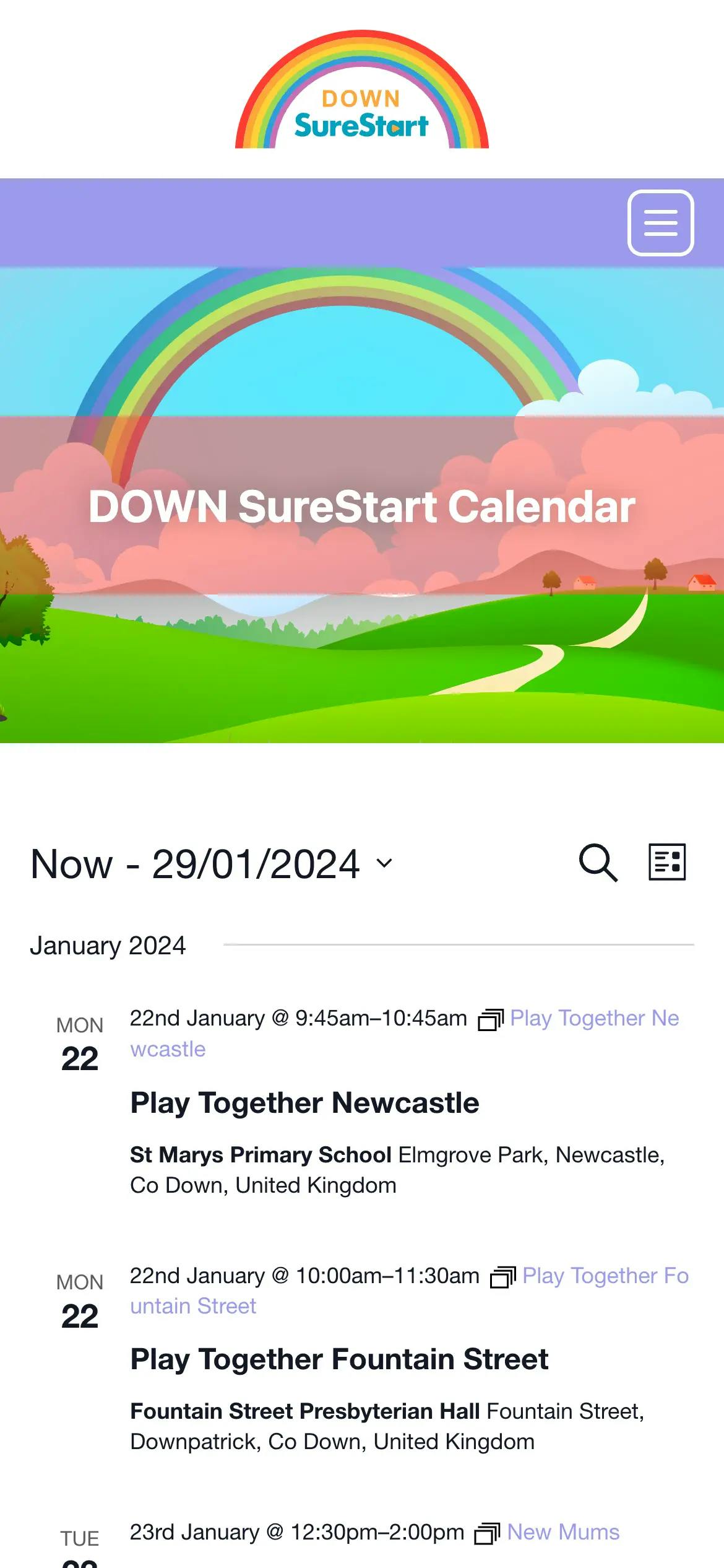DOWN SureStart calendar page web design on mobile