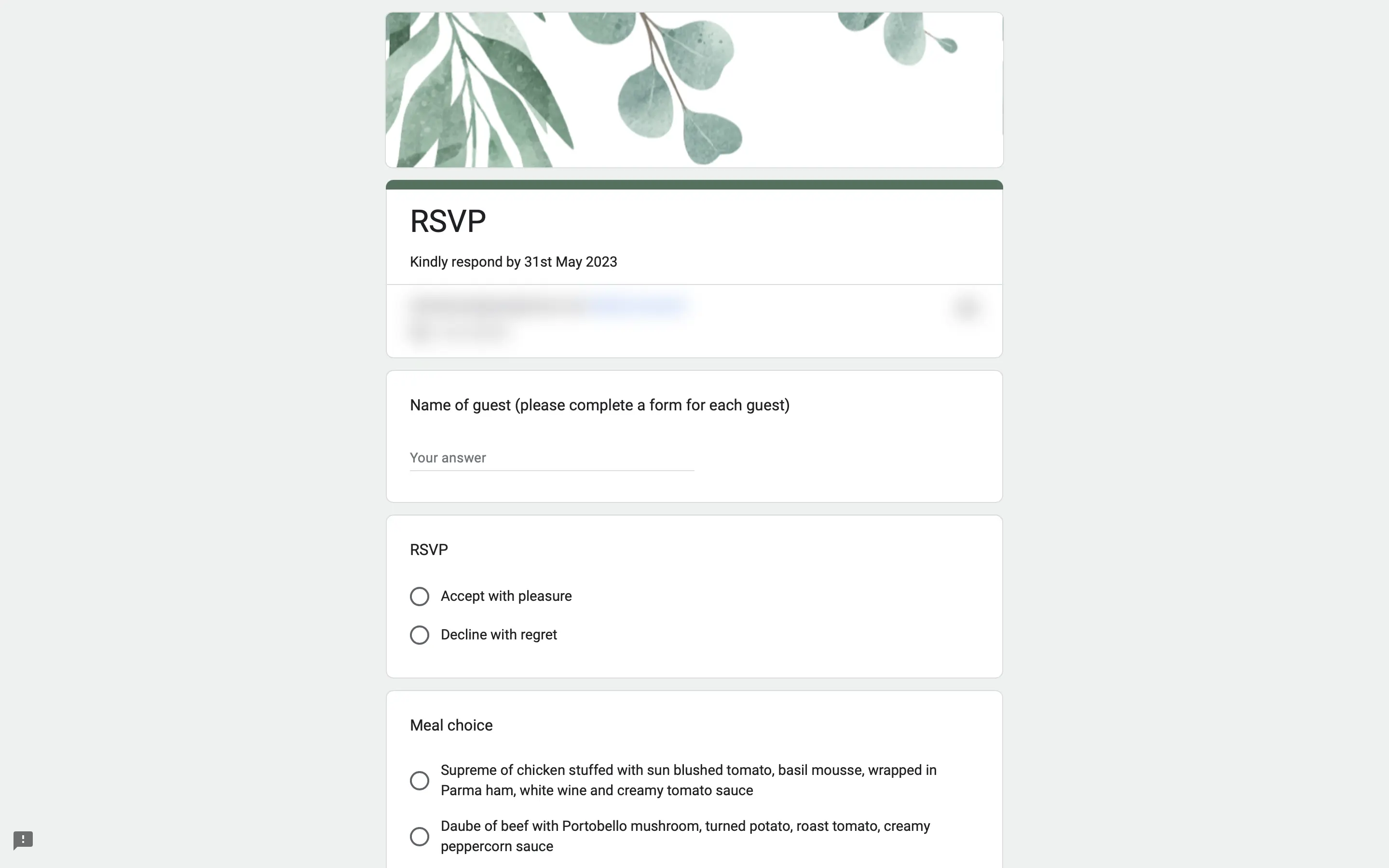 Jenny & James RSVP form on Desktop