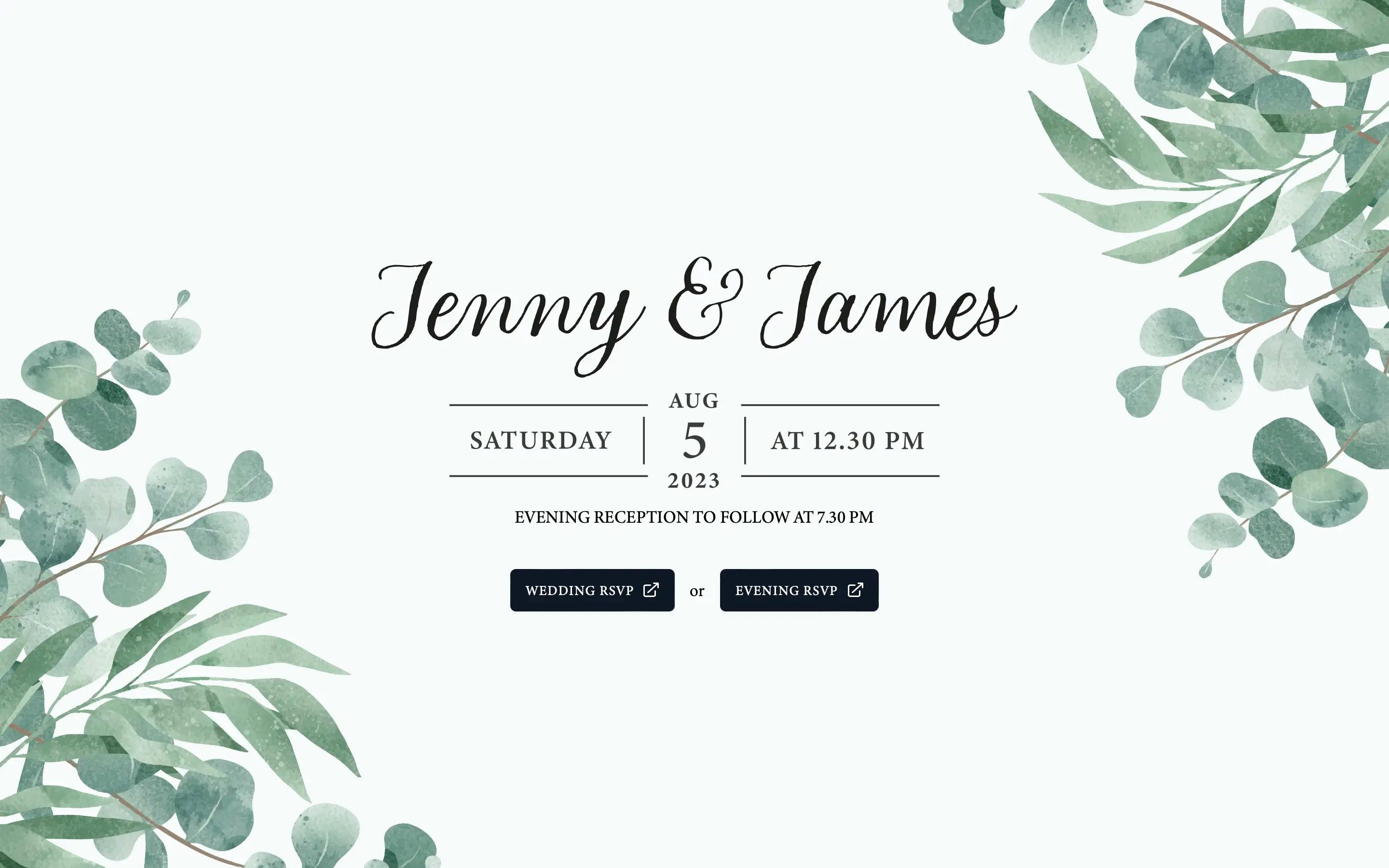 Jenny and James Wedding website homepage screenshot