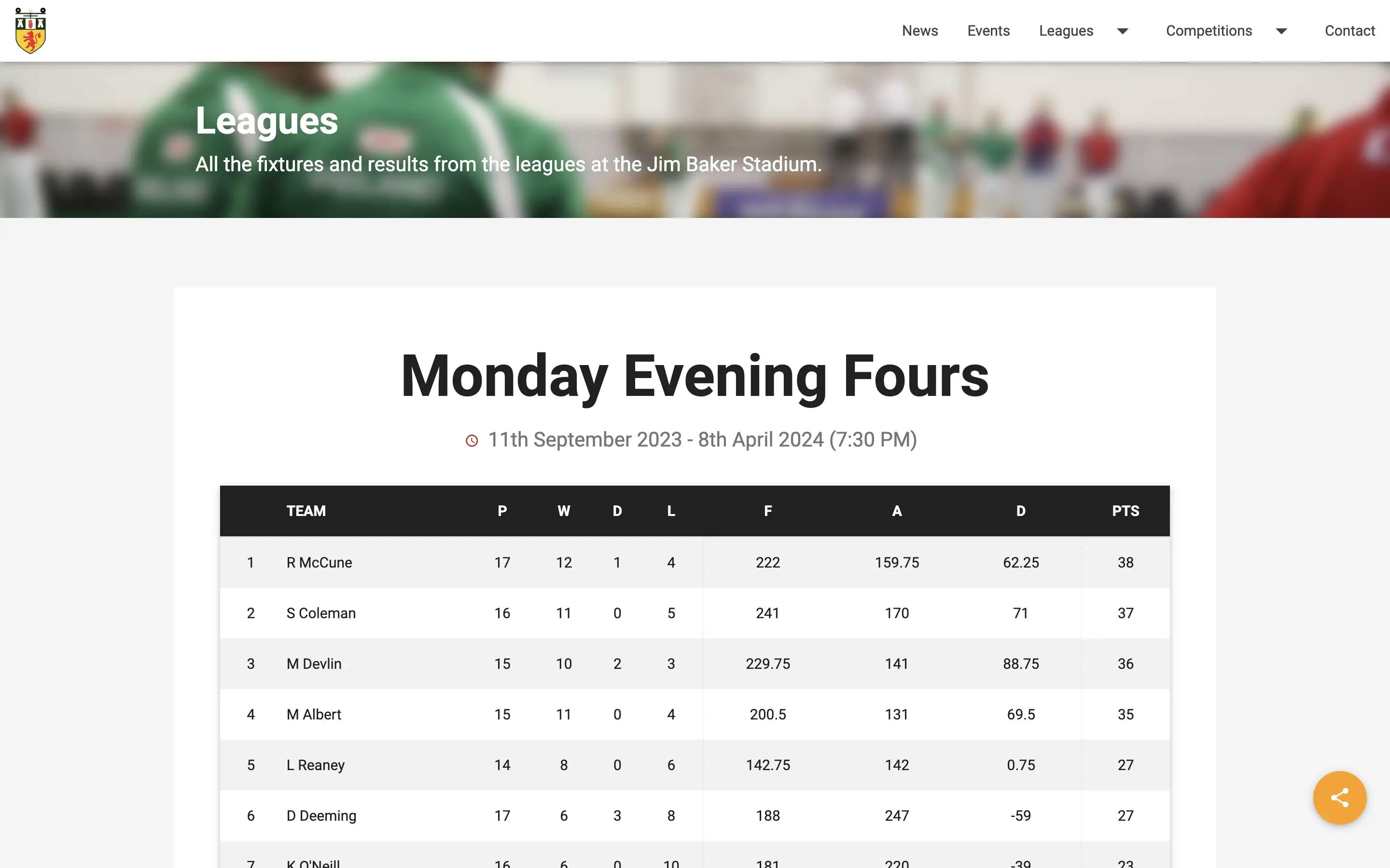 Jim Baker Stadium leagues page web design on desktop