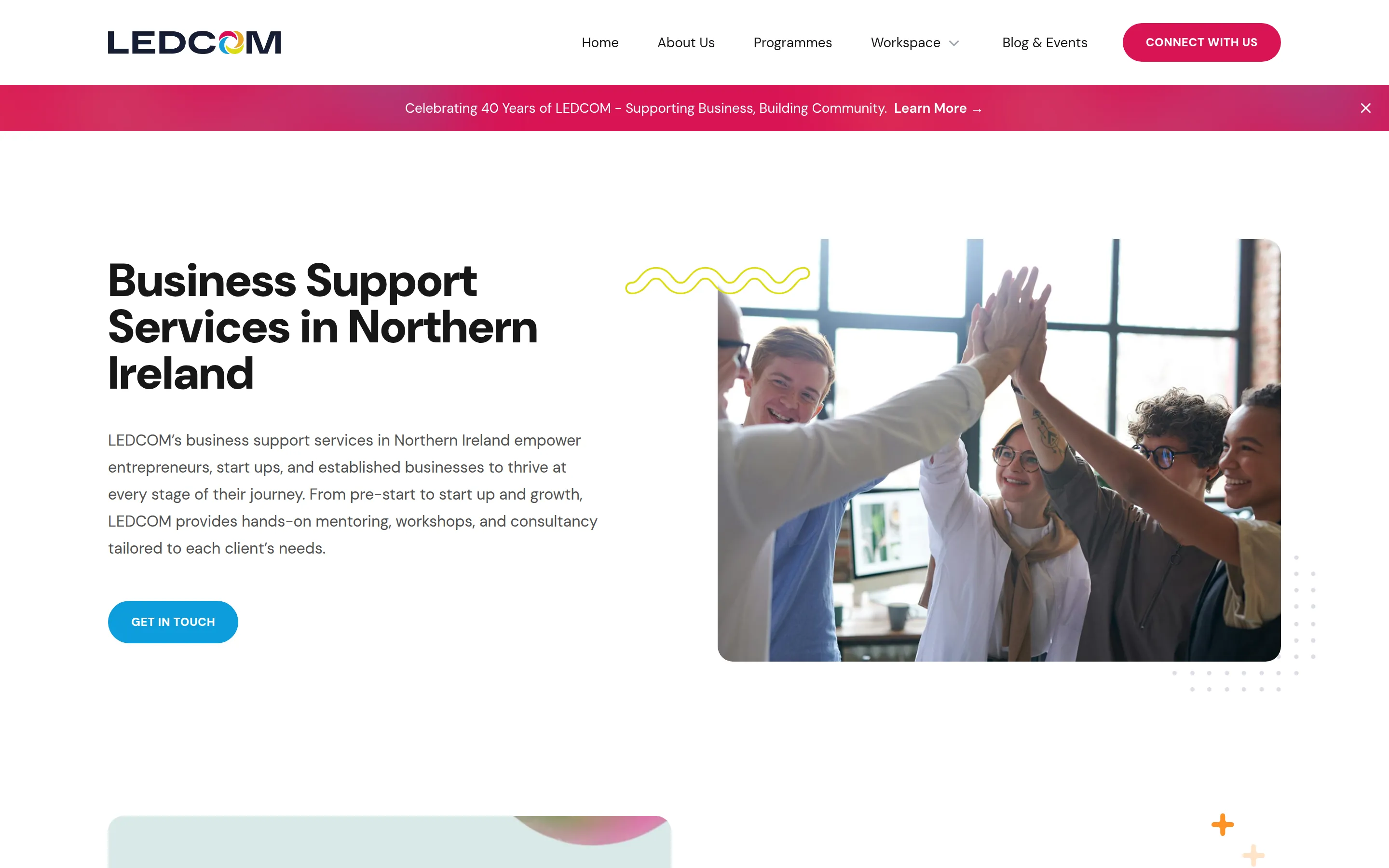 LEDCOM business support programmes page on desktop