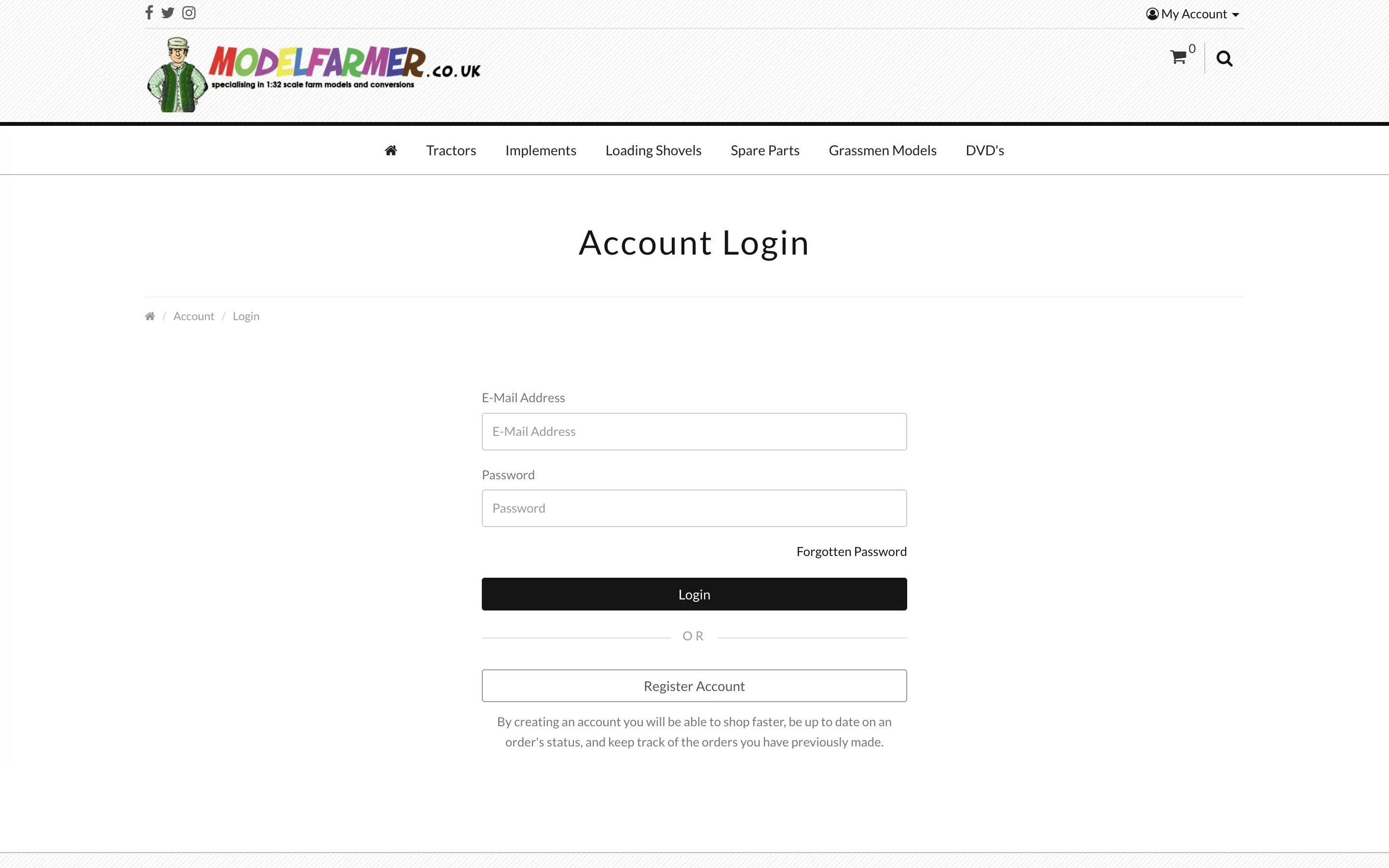 ModelFarmer.co.uk account login page website design on desktop