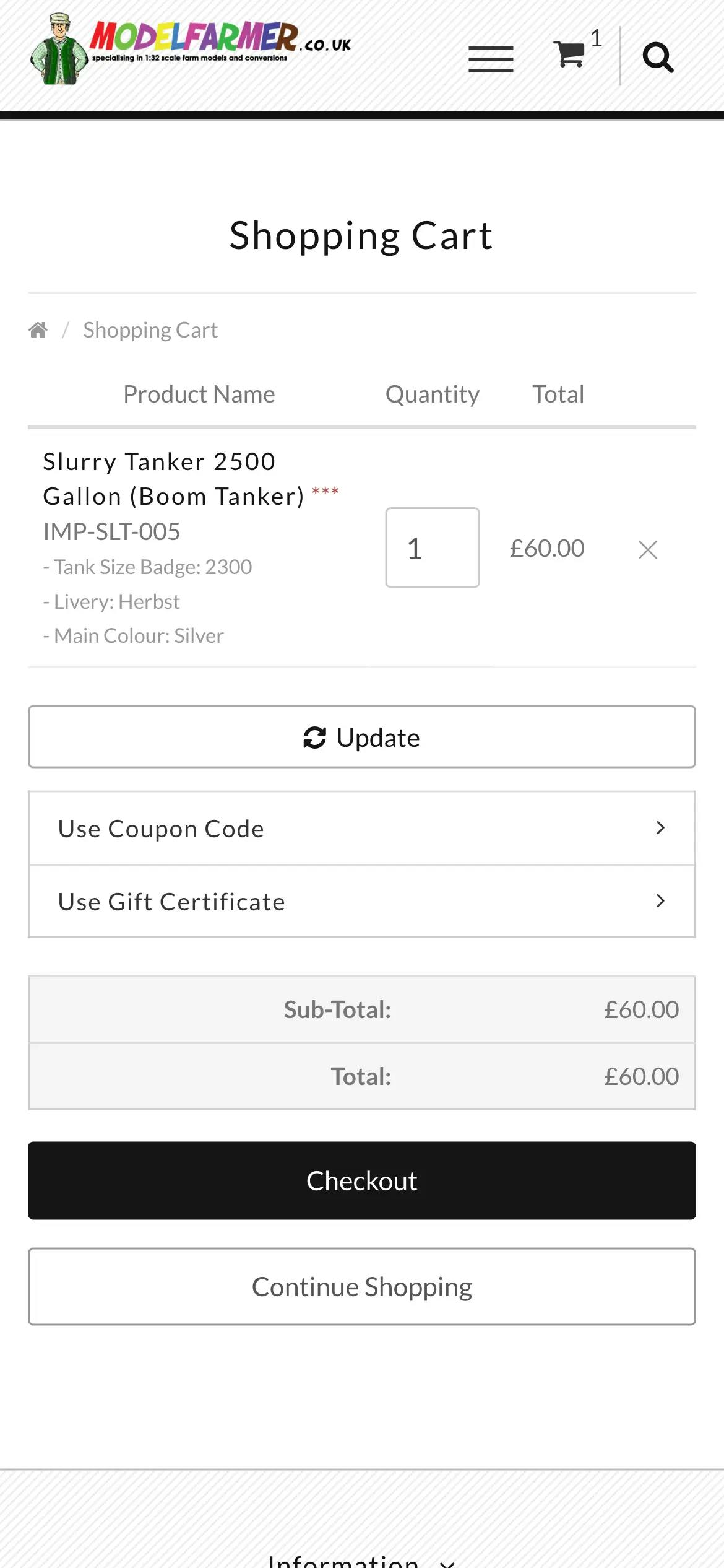 ModelFarmer.co.uk shopping cart page website design on mobile