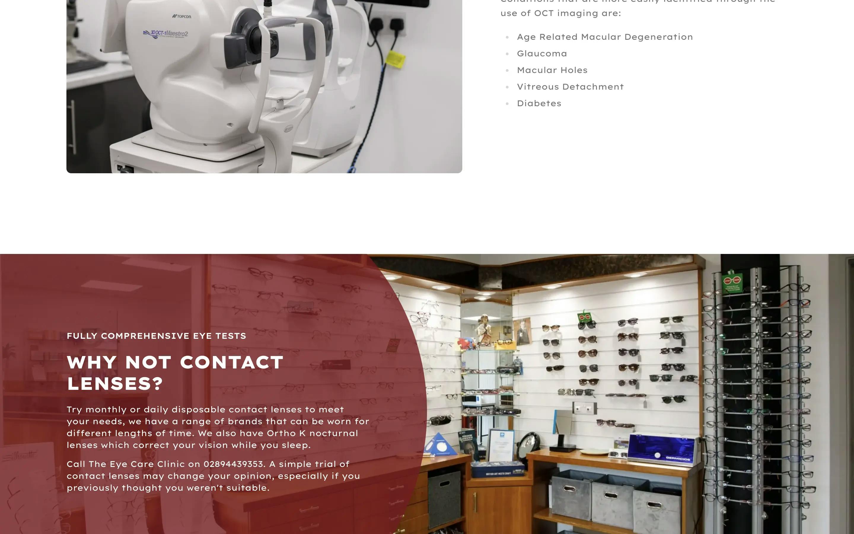 The Eye Care Clinic Eye Tests Page on Desktop