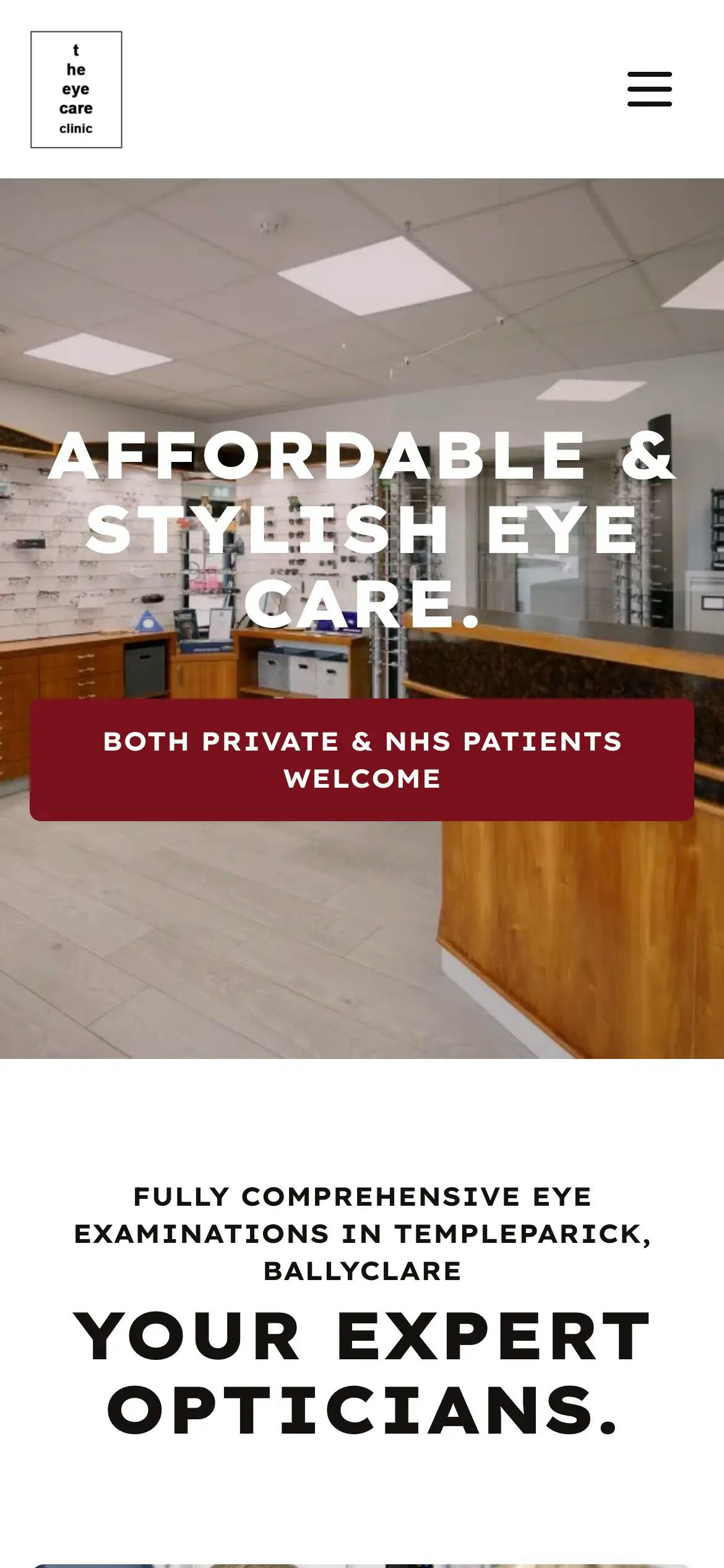 The Eye Care Clinic Home Page on Mobile